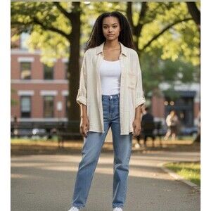American Eagle Beige Oversized Button-Up Collared Cotton Blend Blouse PTP: 35  L